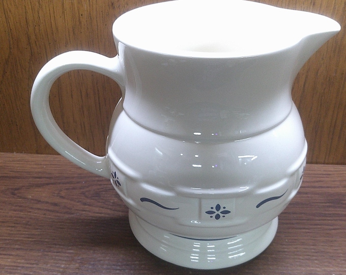 2501 Vintage Longaberger Pottery USA Woven Traditions 7.5" 64oz Stoneware Pitcher Blue Band on Ivory Oven, Micro, Dish Safe- Great Condition
