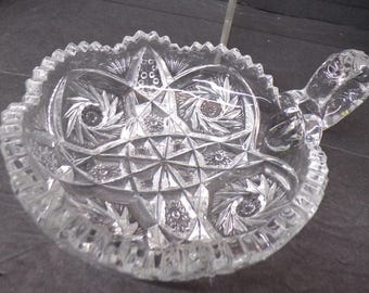 2305 American Brilliant Period Cut Crystal Hobstar Bowl Sawtooth Cut Rim with Thumb Ring Handle - 1910s Vintage