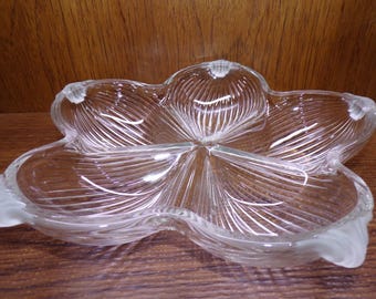 2507 Mikasa Walther Glass 12" Vintage 5 Section Serving Tray Snack Bowl Ribbed Glass Frosted Tips