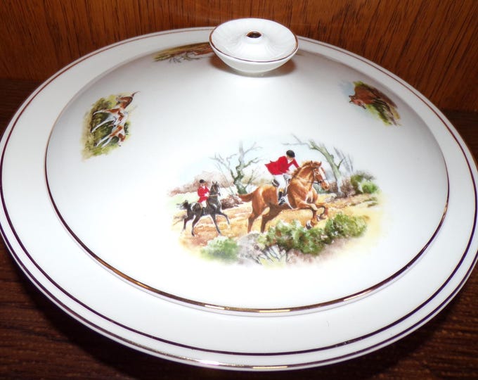 2507 Royal Burlington Vintage Staffordshire Bone China 10" x 5" Tall Covered Vegetable Serving Dish Fox Hunt - Made in England - Great Cond.