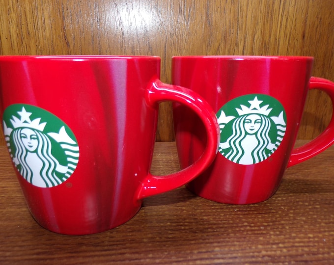 2504 Pair of Starbucks 2022 12 oz 4" Red Mugs w/ Gray & Black Fades - Great Condition