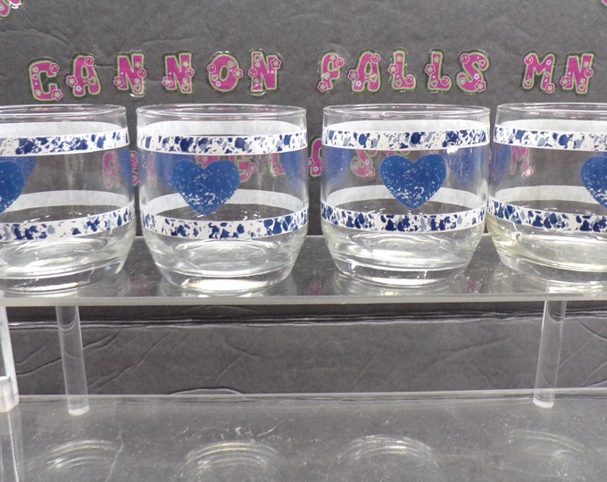 2212 Anchor Hocking 3.25" Blue Heart Vintage Lowball Tumblers Set of 4 - Good Condition No Chips or Cracks