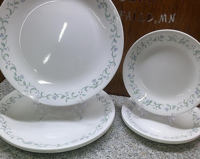 2408 Corelle Country Cottage Livingware Green Floral Blue Hearts Dinnerware - Good Condition No Chips or Cracks Choose from List:
