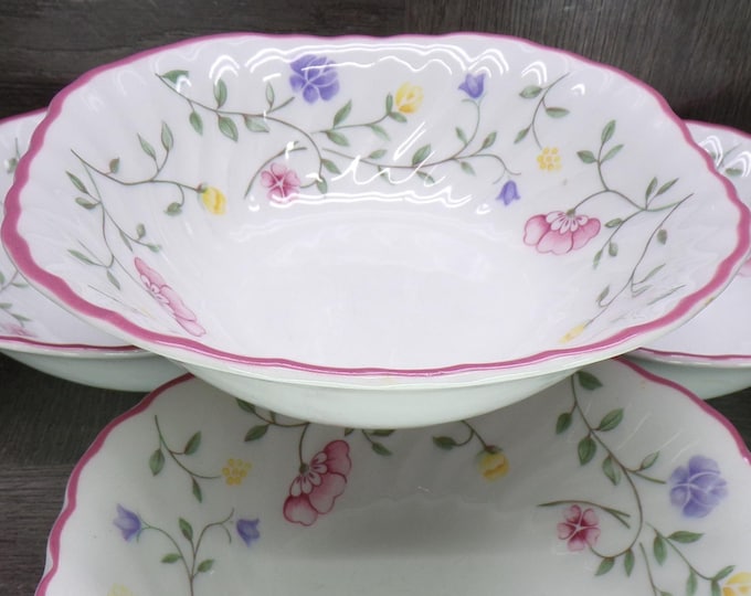 2602 Vintage 1985 Summer Chintz Floral Swirl 6" Cereal Bowls Set of 4 with Pink Rim by Johnson Bros. England - Good Cond Scratches in Bottom