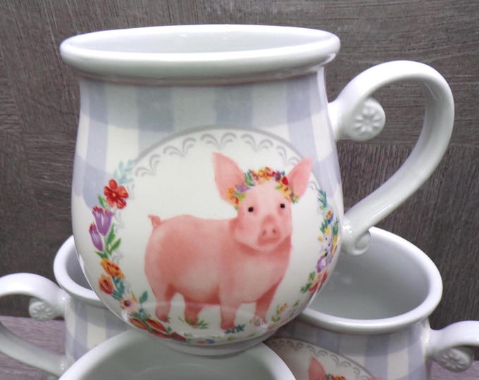 2605 Pioneer Woman Gingham Country Pig Mugs 15 oz Set of 4