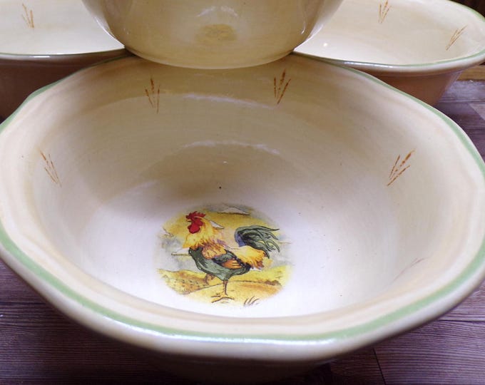 2511 Gibson Royal Rooster Vintage Hand-Painted 7" Cereal / Pasta Bowls Set of 4 - Good Condition Chip on 1 Rim