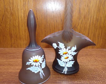 2506 Westmoreland Glass Frosted Brown Satin Vintage Pair - 7" Basket & 5" Bell Both with White Daisies - Great Condition
