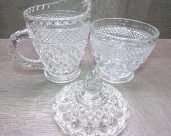 2608 Anchor Hocking Wexford Crystal Vintage 3 pc Cream & Sugar with Lid