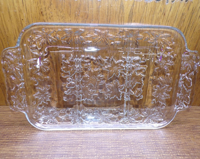 2508 Princess House Fantasia 12.5" x 7" Vintage Clear Glass Embossed Poinsettia Flower & Leaf Divided Dish w/ Handles - Great Condition