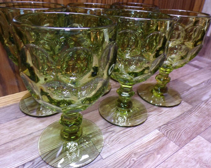 2511 Vintage Imperial Glass Provincial Green Thumbprint 5.5" Footed Goblets Set of 6 - Great Condition