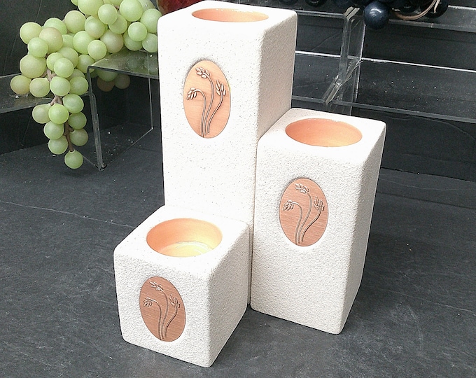 2403 Partylite Trio P7201 Sandstone Vintage Tealight Candle Holders Wheat Copper Medallion 2.75" to 7.25" Tall - Like New in Box