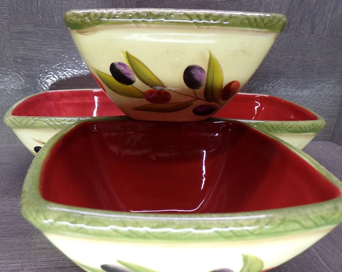 2602 Clay Art Antique Olive Hand-painted 6" Square Soup / Cereal Bowls Set of 4 - Good Condition Slight Crazing