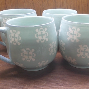 2412 Baum Bros Phara Light Blue/Teal 20 oz Vintage Stoneware Pot Belly  Coffee Mugs Set of 4 - Great Condition