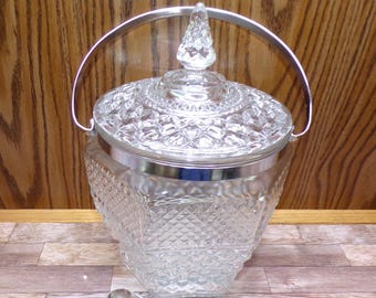 2508 Anchor Hocking Wexford Crystal Vintage 10" Tall Ice Bucket, Cookie Biscuit Jar with Handle, Lid & Tongs - Great Condition