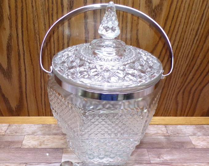 2508 Anchor Hocking Wexford Crystal Vintage 10" Tall Ice Bucket, Cookie Biscuit Jar with Handle, Lid & Tongs - Great Condition