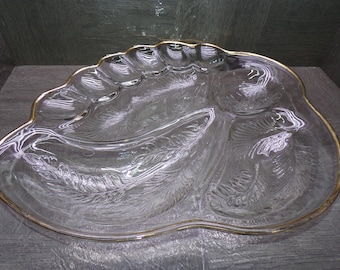 2606 Leaf Shaped Clear Textured Glass 17" x 14" Beautiful Vintage Sectional Divided Platter w/ Gold Rim