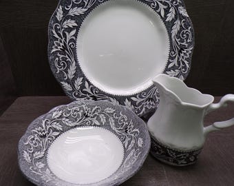 2605 J&G Meakin Sterling Renaissance Black 3 pc Set Scalloped Vintage Ironstone
