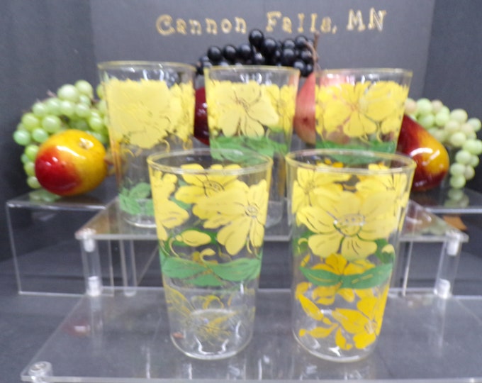2302 Green and Yellow Floral Pattern 5" Vintage Highball Tumblers Set of 5 - Good Condition No Chips or Cracks