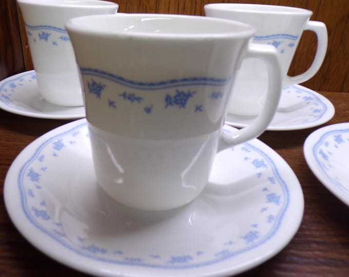 2505 Corelle Morning Blue 8 pc Set - (4) 10 oz Cups & (4) Saucers - Great Condition
