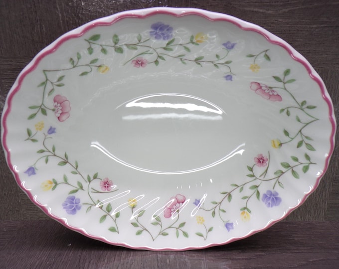 2602 Vintage 1985 Summer Chintz Floral Swirl 9"x7" Oval Vegetable Serving Bowl with Pink Rim by Johnson Bros. England - Great Condition