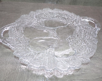 2602 Indiana Glass Vintage 12.5" x 10.25" Sweet Pear Avocado Pressed Glass Tray w/ Pressed Leaf Border - Good Condition Light Scratches