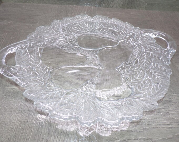 2602 Indiana Glass Vintage 12.5" x 10.25" Sweet Pear Avocado Pressed Glass Tray w/ Pressed Leaf Border - Good Condition Light Scratches