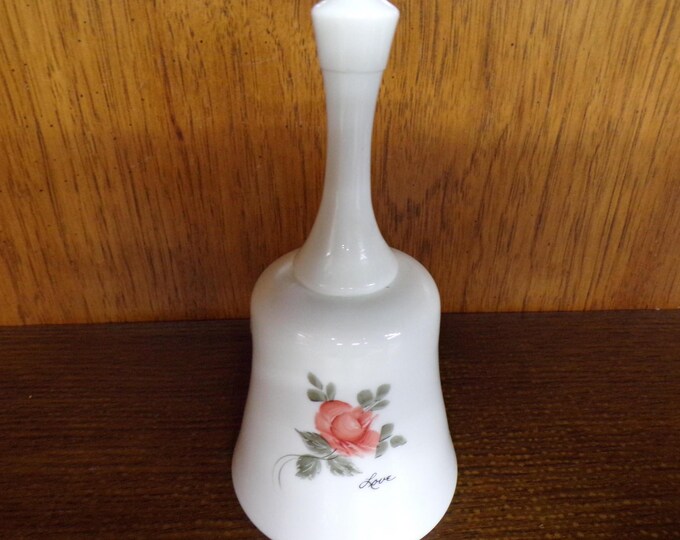 2506 Fenton 7" Milk Glass "Love" Bell w/ Hand-painted Peach Roses Signed by Artist Connie Ash - Great Condition