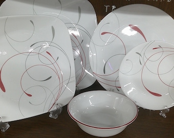 2411 Corelle Vitrelle Splendor - Red Gray Swirls Dinnerware - Good Condition Choose from List: