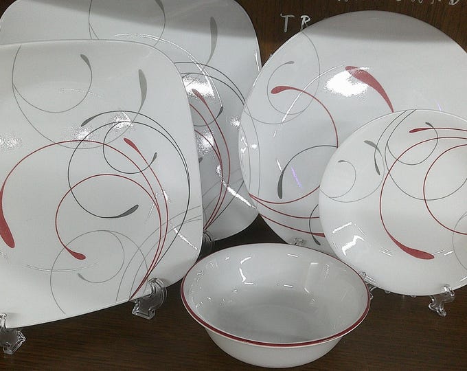 2411 Corelle Vitrelle Splendor - Red Gray Swirls Dinnerware - Good Condition Choose from List: