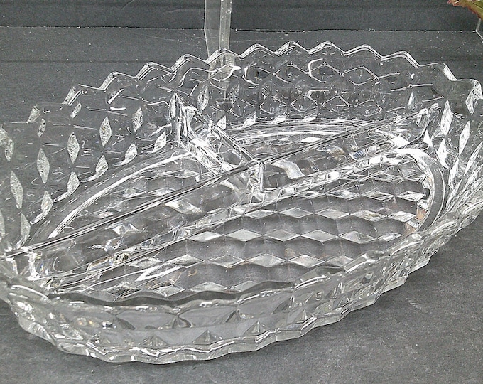 2403 Indiana Glass Vintage American Whitehall Clear Cubist 10.5" x 7" Divided Dish - No Chips or Cracks