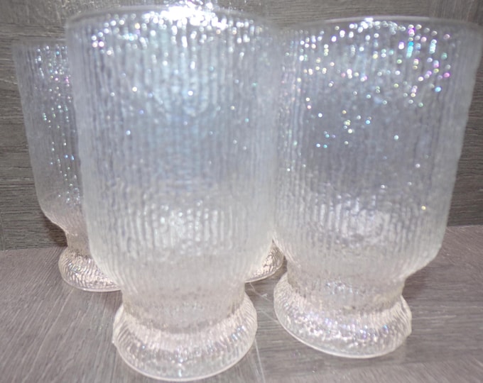 2603 Indiana Glass Crystal Ice Vintage Textured Glass Tree Bark 5.25" 12 oz Footed Drinking Glasses Set of 4 - Good Condition