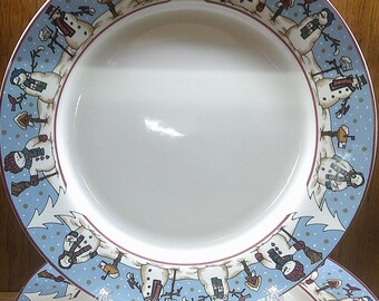 2502 Cambridge Potteries Snowmen Serenade by Tobi Pieri 1997 Vintage 11" Dinner Plates Set of 8 -Chip on 1 Rim Others in Great Condition
