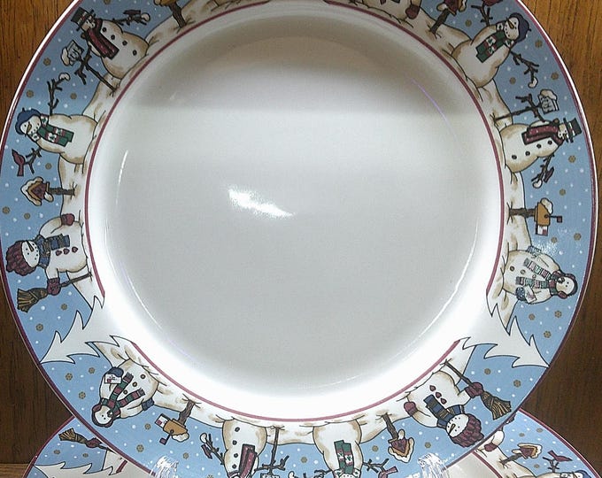 2502 Cambridge Potteries Snowmen Serenade by Tobi Pieri 1997 Vintage 11" Dinner Plates Set of 8 -Chip on 1 Rim Others in Great Condition