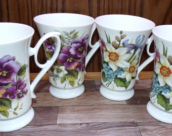 2509 Royale Garden Vtg Bone China Footed 4.5" 10 oz Tea Coffee Cups Set of 4 Staffordshire England Hand-decorated in Romania- Great Cond.