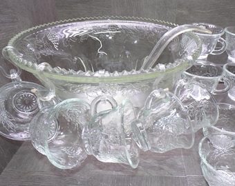 2606 Indiana Glass Princess 26 pc Vintage Harvest Grape Thumbprint Punch Bowl Set