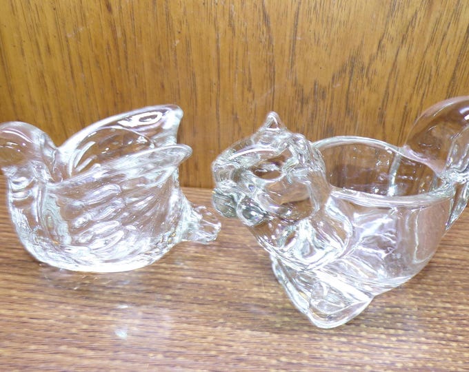 2506 Avon Pair of Vintage Clear Glass 5" Votive Tealight Candle Holders - One Squirrel & One Bird Both are Very Cute - Great Condition