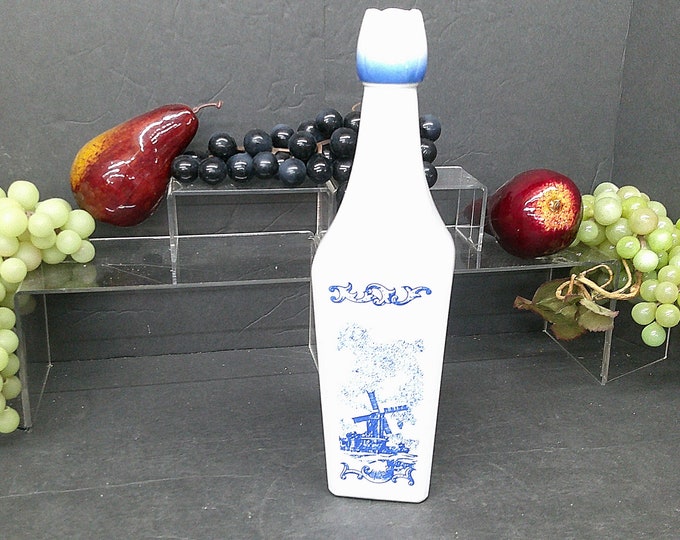 2401 Vandermint White Glass Blue Windmill Liquor Bottle/Decanter with Screw on Cap / Stopper Vintage 1970's - Holland - Good Condition