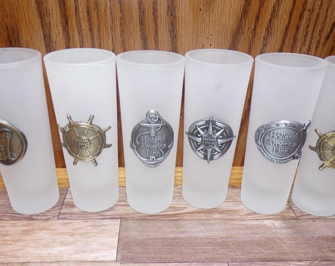 2508 Holland America Line Frosted Cordial Shot Glasses w/ Nautical Designs Set of 6 - Great Condition