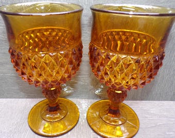 2605 Indiana Glass Diamond Point Amber Vintage 11 oz 6.25" Footed Glasses Goblets Set of 2