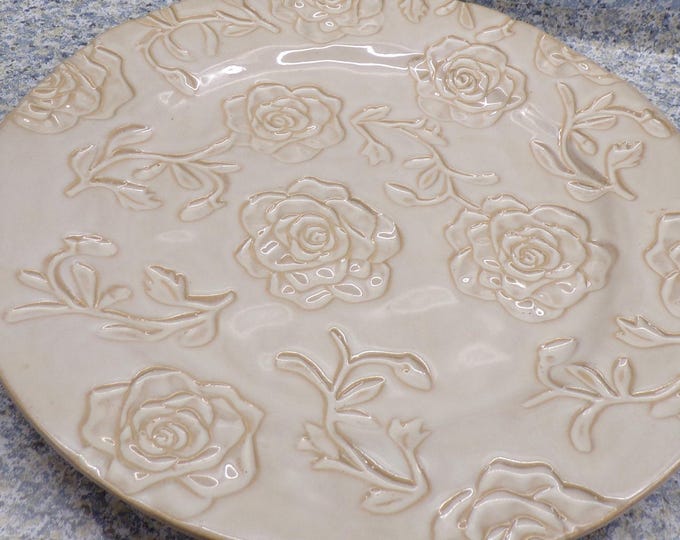 2211 Vintage 12" Stoneware Platter - Beige with Gold Roses - Deep Texture - No Chips or Cracks