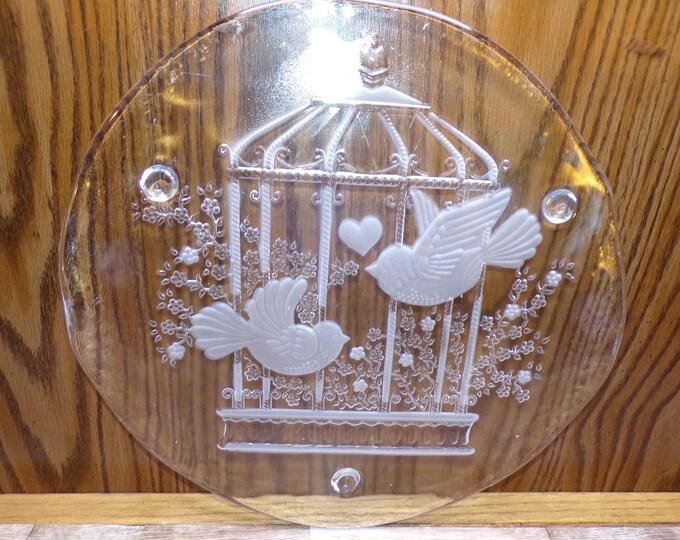 2508 Beautiful Kosta Boda Frosted Love Birds and Floral Pattern 13" Vintage Footed Serving Platter - Good Condition Light Scratches