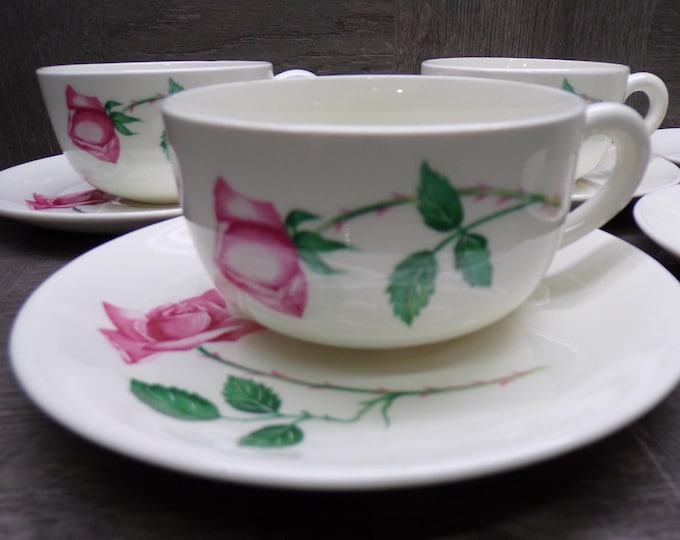 2603 Canonsburg Pottery Bermuda Rose Ironstone 10 pc Set 5 Cups & 5 Saucers - Good Condition