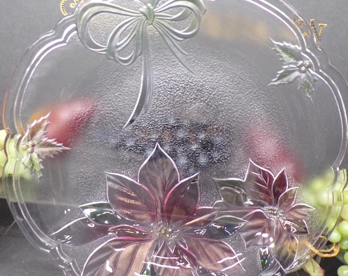 2311 Mikasa Savoir Vivre Holiday Spirit 15" Round Red Poinsettia Green Bow & Holly textured Vintage Glass Platter- Great Condition