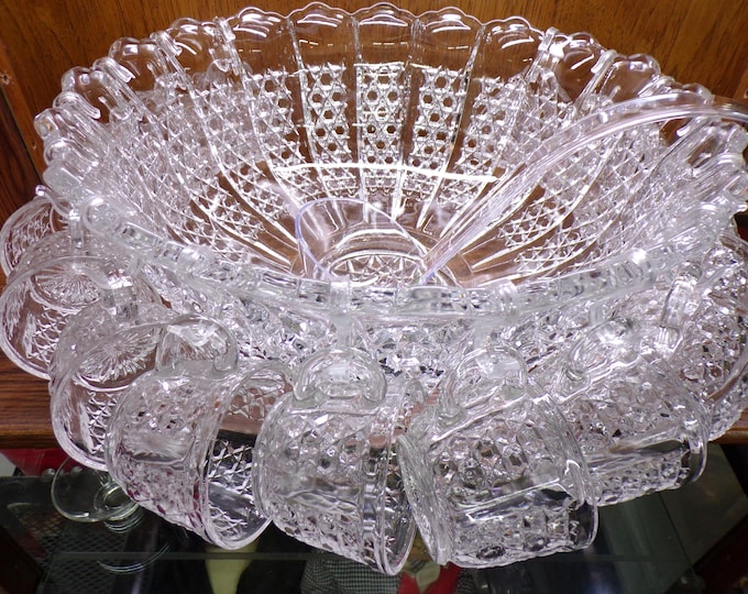 2506 Tiffin Bristol Diamond 1950's Vintage 34 pc Punch Bowl Set - Very Beautiful - Great Condition