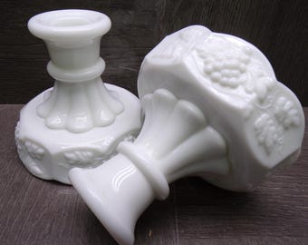 2608 Westmoreland Vintage Milk Glass Paneled Grape Taper Candle Holders Set of 2