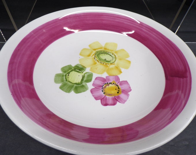 2302 Iron Stone Detergent Proof Vintage Stoneware 10" Serving Bowl - Floral Pattern with Pink Band - Good Condition