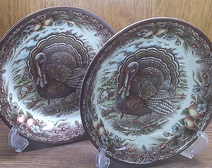 2501 Victorian English Pottery 7" Thanksgiving Turkey Salad, Soup, Cereal Bowls Set of 2 by Edward Challinor Made in England- Excellent Cond