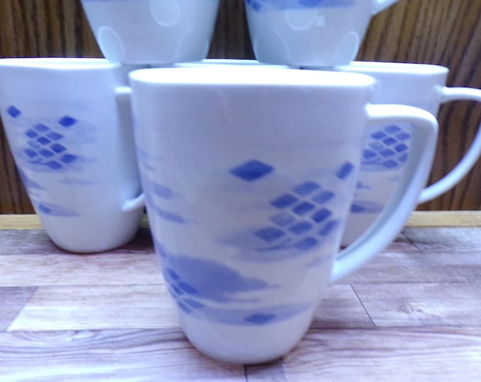 2511 Corelle Coordinates Blue Diamonds Vintage 4" 12 oz Porcelain Square Rim Coffee Mug Set of 6 - Great Condition