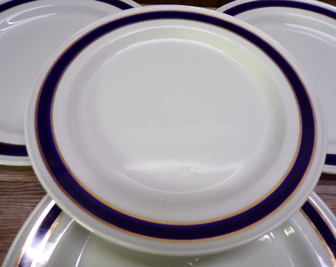 2511 Royal Doulton Vintage Restaurant Hotelware Steelite 7" Salad / Snack Plates Blue Gold Band Set of 4 - Great Condition