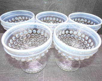2609 Anchor Hocking Vintage 1940's Moonstone Opalescent Hobnail 3.5" Sherbet Champagne Cups Set of 5